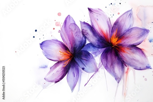 Two beautiful purple flowers with orange pistils bloom elegantly against a white background