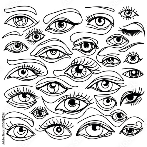 Adobe Illustrator Artwork Set of female eyes. Hand drawn illustration isolated on white background. Collection of women's eyes. Different types of eyes. 