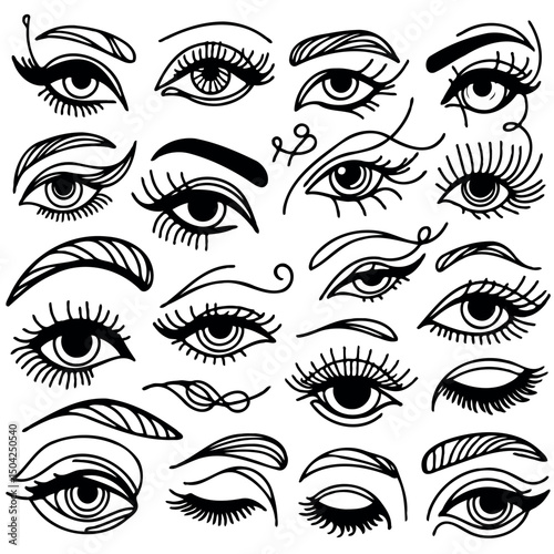 Adobe Illustrator Artwork Set of female eyes. Hand drawn illustration isolated on white background. Collection of women's eyes. Different types of eyes. 