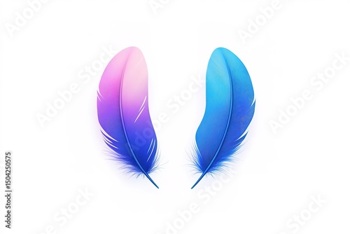 Two colorful feathers, one pink to blue gradient and the other blue, lay centered on white