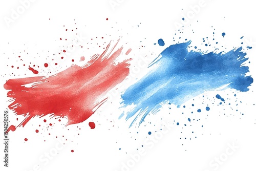 Two colorful watercolor splashes, one red and one blue, create an energetic contrast against white