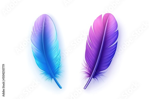 Two luminous feathers, one blue and one pinkpurple, are floating gently in this transparent scene