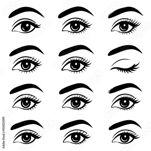 Adobe Illustrator Artwork Set of female eyes. Hand drawn illustration isolated on white background. Collection of women's eyes. Different types of eyes. 