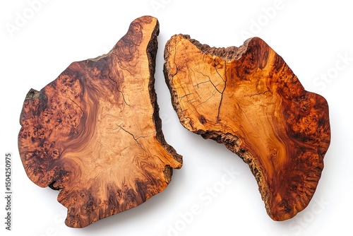 Two raw wood slices with detailed grain patterns sit on a transparent background