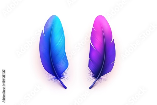 Two vibrant gradient feathers, one blue and one pink, rest on a transparent background