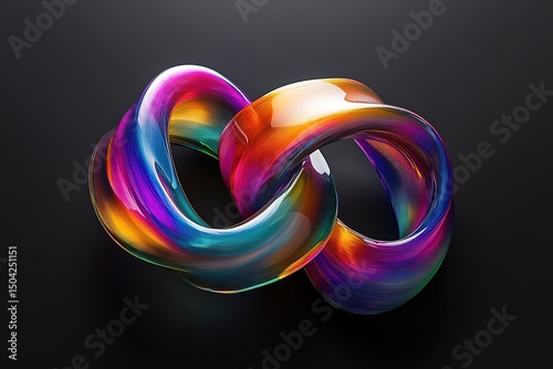 Two vibrant rainbow torus intertwined create an abstract, modern loop on a sleek black backdrop