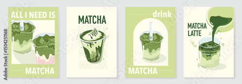 Matcha drinks poster design vector set. collection wallpaper with cute doodle decoration, matcha latte. Illustration for promotion, marketing, package, ads.