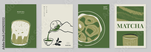 Matcha drinks poster design vector set. collection wallpaper with matcha latte, purematcha, hot green tea. Illustration for promotion, marketing, package, ads.