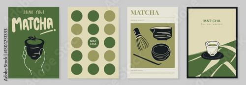 Matcha drinks poster design vector set. collection wallpaper with matcha latte, purematcha, hot green tea, bamboo whisk. Illustration for promotion, marketing, package, ads.