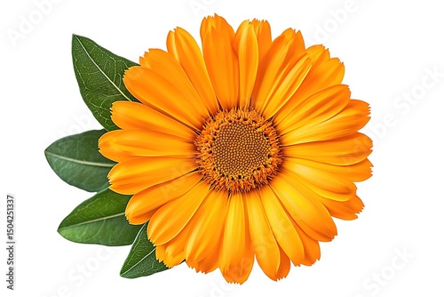Vibrant calendula flower blooms fully displaying its orange petals and lush green leaves on transparent background