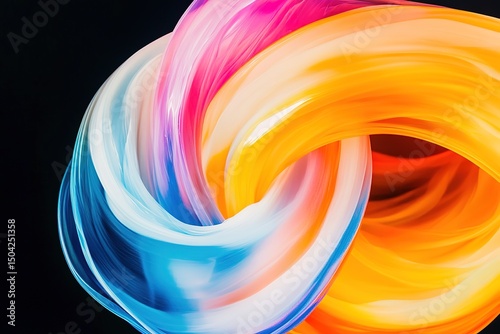 Vibrant colorful ribbons twist and intertwine, exhibiting shades of pink, blue, and orange against black