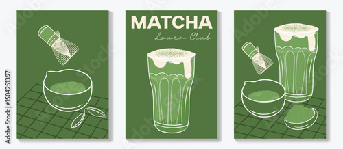 Matcha drinks poster design vector set. collection wallpaper with matcha latte, purematcha, hot green tea, bamboo whisk. Illustration for promotion, marketing, package, ads.