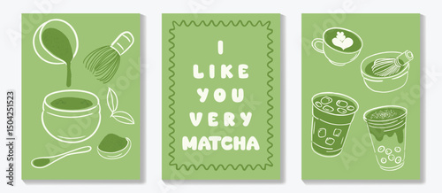 Matcha drinks poster design vector set. collection wallpaper with matcha latte, purematcha, hot green tea, bamboo whisk. Illustration for promotion, marketing, package, ads.