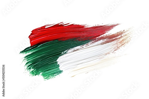 Vibrant red, green, and white paint strokes create a bold colorful smear on white