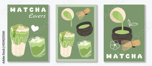 Matcha drinks poster design vector set. collection wallpaper with matcha latte, purematcha, hot green tea, bamboo whisk. Illustration for promotion, marketing, package, ads.