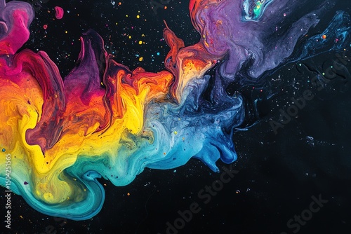 Vibrant rainbow paint colors artistically swirl together, creating mesmerizing patterns across a dark, textured background