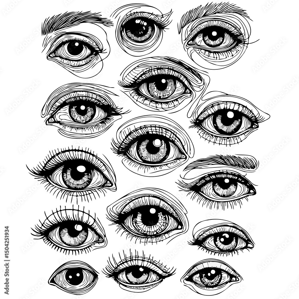 Obraz premium Set of female eyes. Hand drawn illustration isolated on white background. Collection of women's eyes. Different types of eyes, women's eyes. Different types of eyes. 