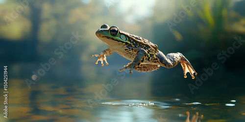 Frog Leaping Over Water at Sunset with Splash and Golden Light