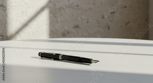 Elegant Black Fountain Pen Resting on a Clean White Table A Minimalist Still Life Photograph