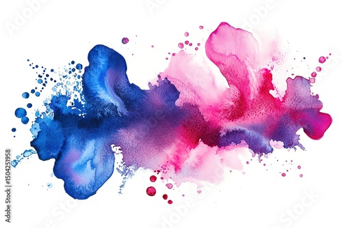 Watercolor splatter blend creates soft textures with pink, blue, and purple hues on white
