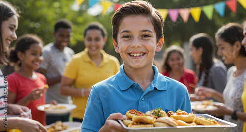 Boy helping serve food at outdoor party with smiling friends
