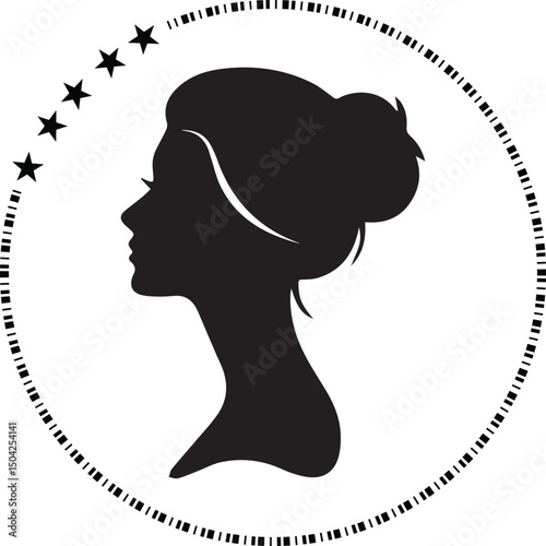 Premium vector. A circular logo displays a black silhouette of a woman's head in profile with five stars on the left side, all encircled by a dashed line.







