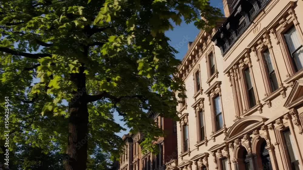 custom made wallpaper toronto digitalVideo captures an upward angle of elegant, historic brownstone buildings under a clear blue sky, highlighting architectural details and grandeur.