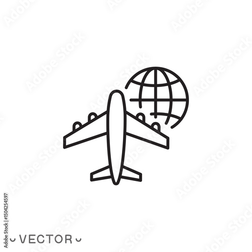 international flights icon, travel on plane throughout world, flight airplane around globe concept, thin line symbol isolated on white background, editable stroke eps 10 vector illustration