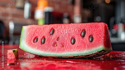 Fresh watermelon wedge on a red surface photo