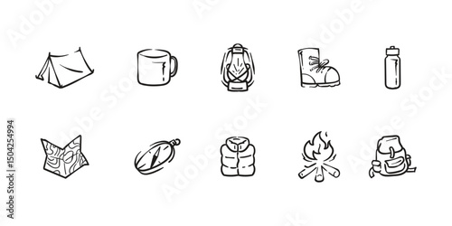 Hand drawn illustration of camping and hiking outdoor element. Isolated on transparent background. Icon set of adventure activity related. Contains campfire, lantern, jacket, compass and more.