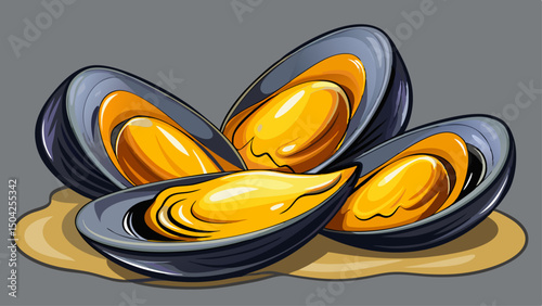 Plump mussels rest open on a light grey surface, revealing golden creamy sauce within. The artistic food styling highlights delicate seafood textures, embodying gourmet cuisine and culinary elegance.