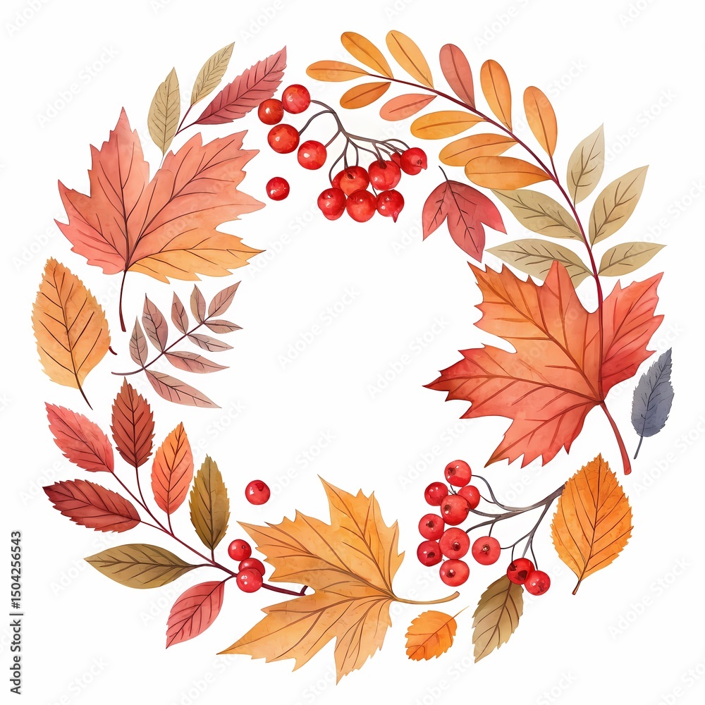 Obraz premium Autumnal Watercolor Wreath Vibrant Leaves and Berries