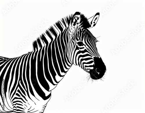 Striped zebra standing against white background, close-up zebra in minimalist style on white backdrop, wild zebra illustration isolated on clean white background
