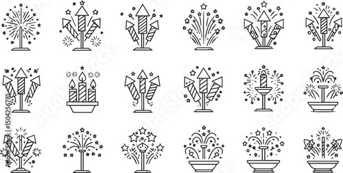 Create a kinds of firework line icon set, happy new year firework, vector Illustration with white background .