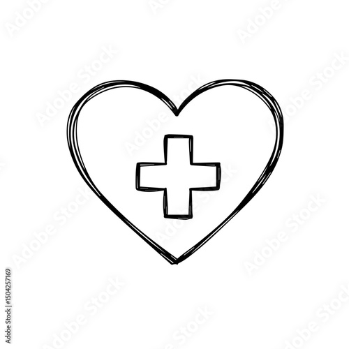 Hand drawn heart with medical cross symbol. Simple heart shape with plus sign inside. Perfect healthcare design for medical brochures, websites, and social media campaigns. This image is ideal for pro