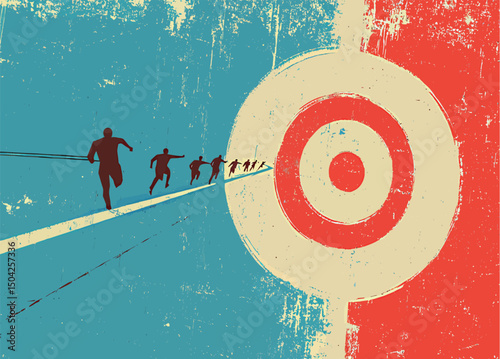 Silhouettes of runners aiming towards a target in a vibrant, abstract style.