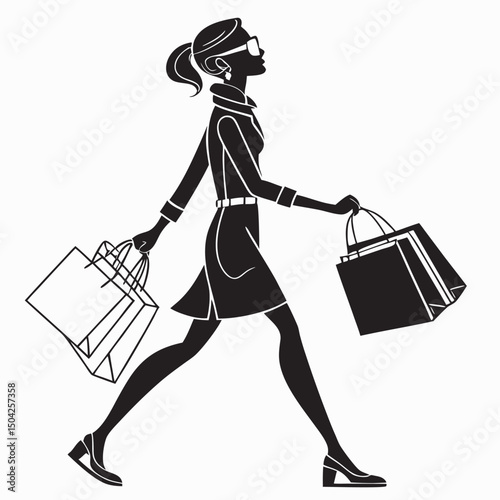 Stylish woman silhouette walking with shopping bags after a successful day