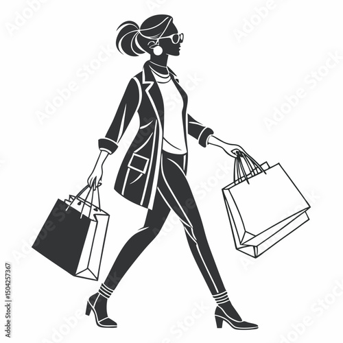 Stylish woman walking with shopping bags black and white illustration