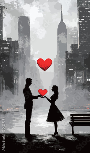 Silhouette of a couple exchanging hearts in a cityscape at dusk.