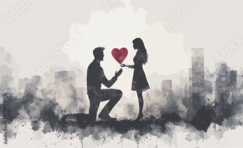 Silhouette of a couple in love, with a heart symbolizing their bond against a cityscape.