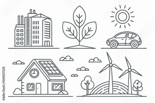 Minimalist line art illustration of sustainable energy and green living concepts