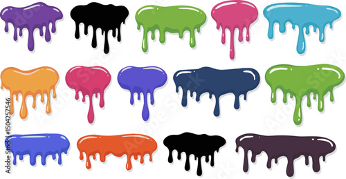 Create a kinds of Paint drip stickers icon, Melt drip stickers, graffiti paint drip blobs Vector art with white background.