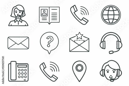 Customer service support communication outline icons for business and technology