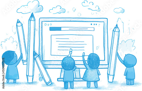 Four cartoon figures joyfully engaging with a digital screen, surrounded by giant pencils.
