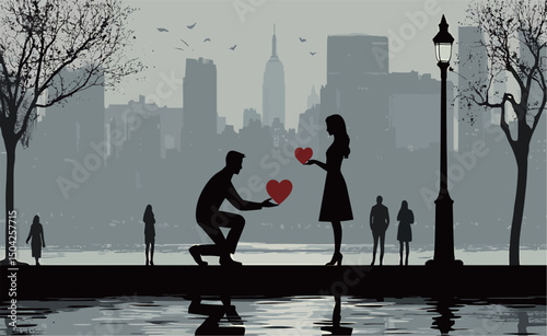 Silhouette of a couple sharing a romantic moment in a city park.