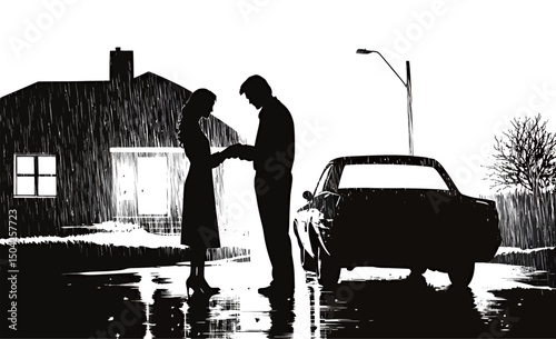 A couple shares an intimate moment in the rain, silhouetted by a suburban setting.