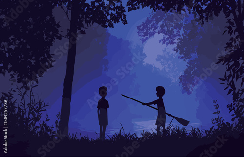Two silhouetted boys in a twilight setting near a river.