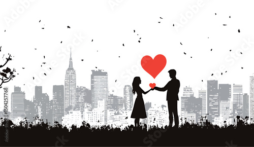 Silhouette of a couple sharing love against a city skyline backdrop.