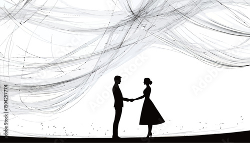 Silhouette of a couple in love sharing a moment against a whimsical background.