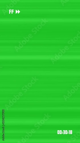 Portrait mode VHS tape fast forward arrows icon symbol icon effect on 4k green screen backdrop Film overlay animation with chroma key with time code on screen retro vintage